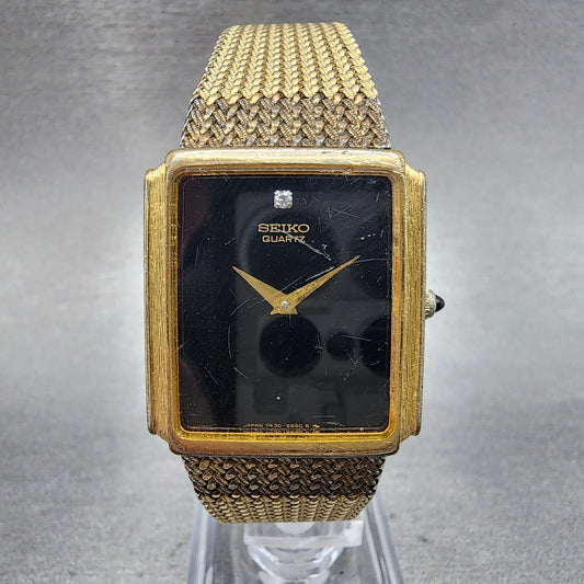 Seiko Tank Watch Men 25mm Black Dial Gold Tone Rectangle 7430-5499 New Batt