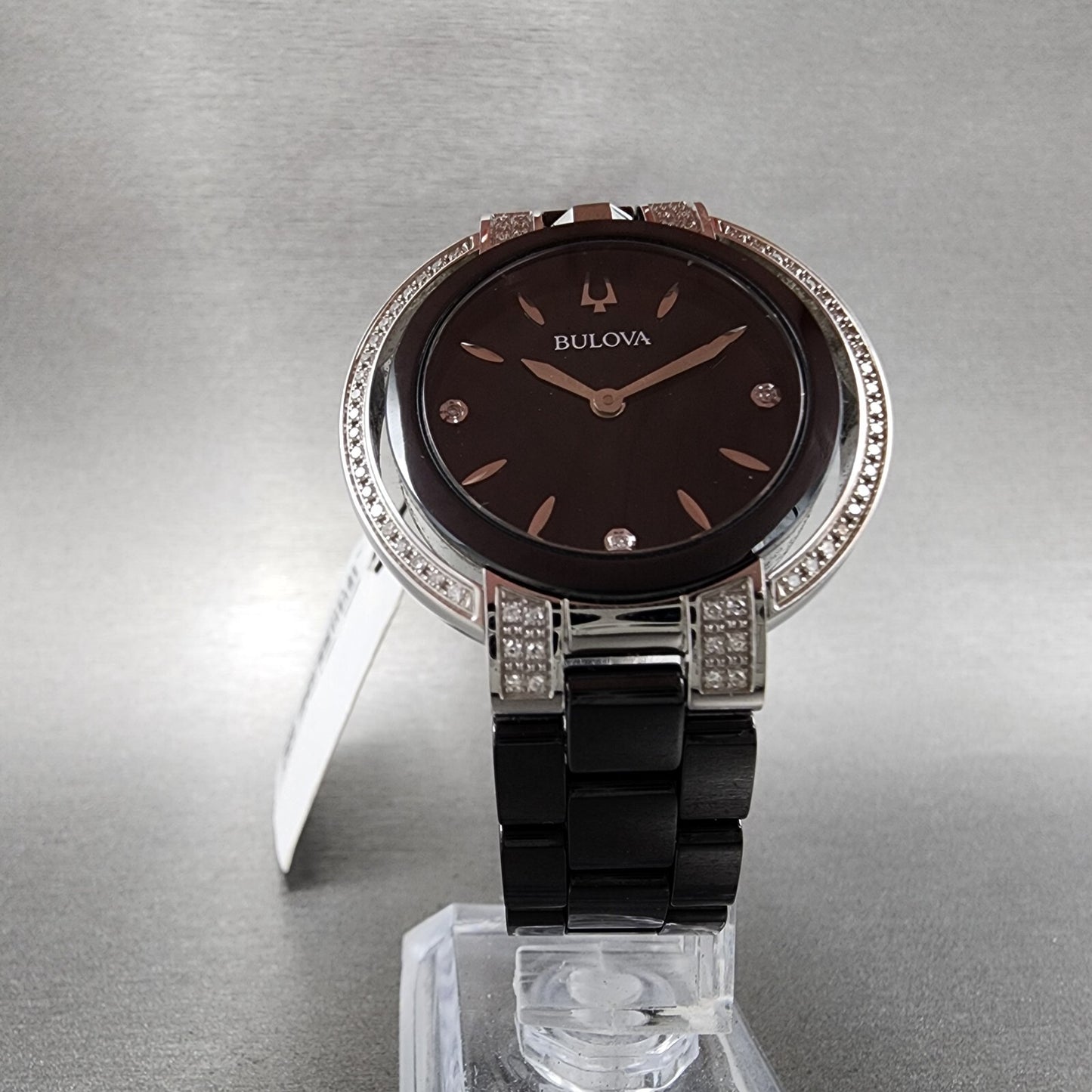 Bulova Rubaiyat Watch Women 35mm Black Dial Black Ceramic Diamond Bezel 98R2665