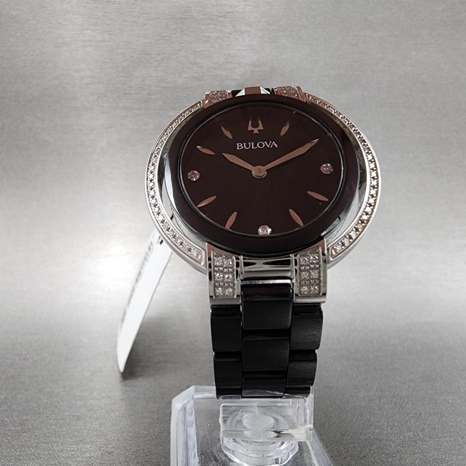 Bulova Rubaiyat Watch Women 35mm Black Dial Black Ceramic Diamond Bezel 98R2665