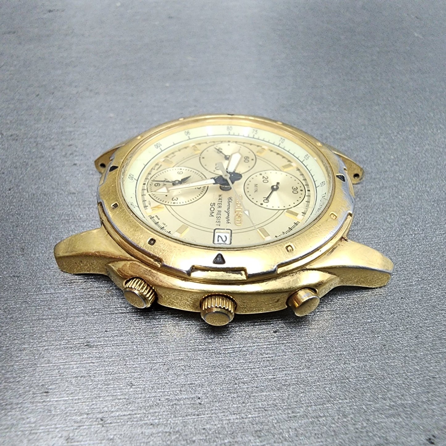 Seiko Chronograph Watch Men 39mm Champagne Dial Gold Tone Date 7t326m59 PARTS6