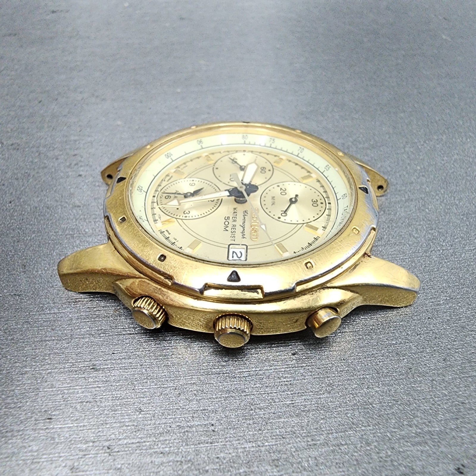 Seiko Chronograph Watch Men 39mm Champagne Dial Gold Tone Date 7t326m59 PARTS6