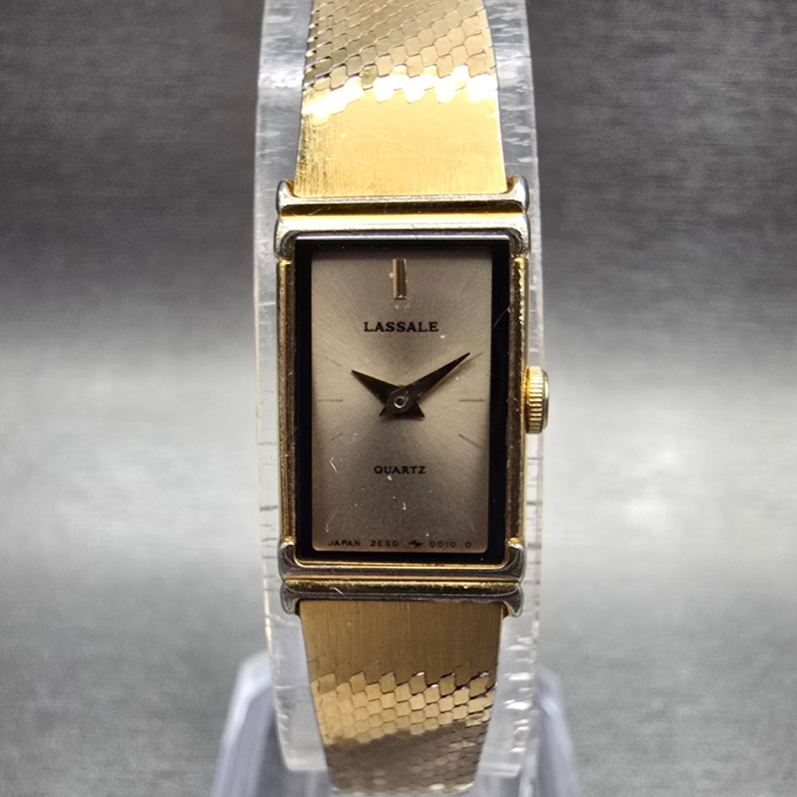Seiko Lassale Watch Women 12mm Gold Dial Gold Tone Rectangle 2E50-5009 New Batt0