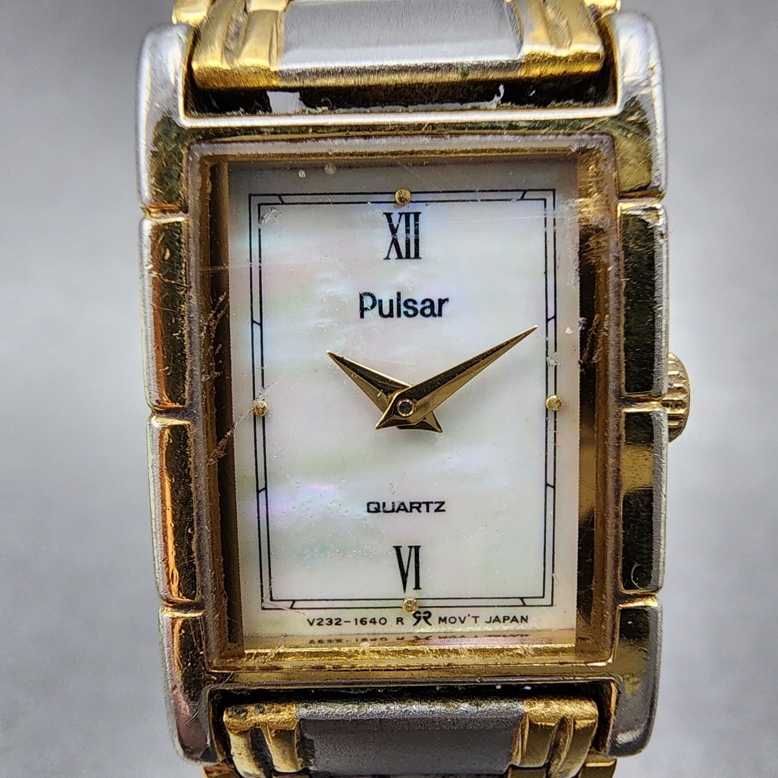 Pulsar Tank Watch Women 17mm MOP Dial Two Tone Rectangle V2326050 New Battery1