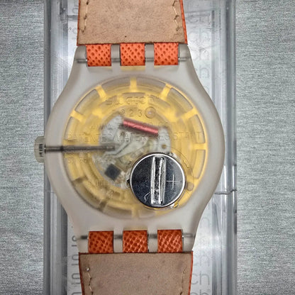 Swatch Squeezed Pumpkin Watch Men 44mm Orange Dial Clear Case SUDK102 New Batt12