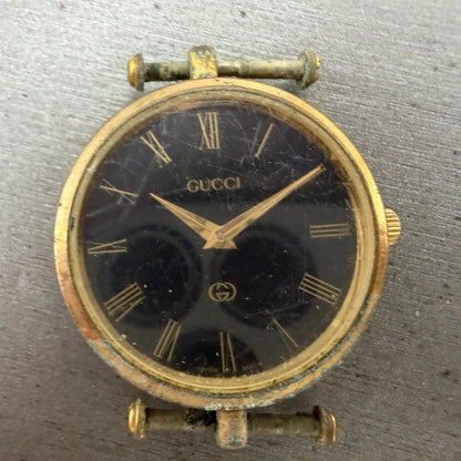 Gucci 2000M Watch Men 30mm Black Dial Gold Plated Round New Battery Vintage 65G1