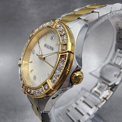 Bulova Crystal Watch Women 28mm MOP Dial Two Tone Round 98R236 New Battery2