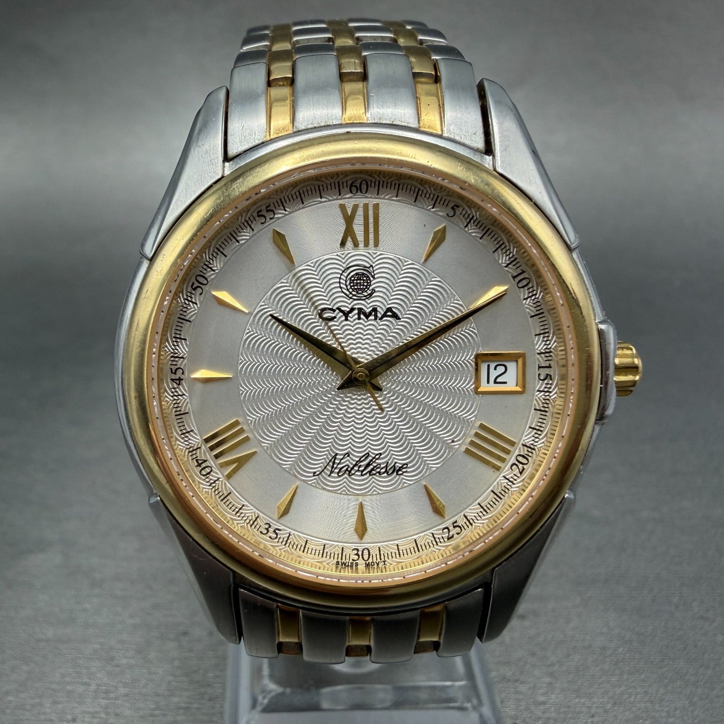 Cyma Noblesse Watch Men 37mm White Dial Two Tone Date Round 521 New Battery0