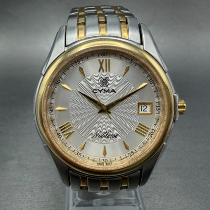 Cyma Noblesse Watch Men 37mm White Dial Two Tone Date Round 521 New Battery0