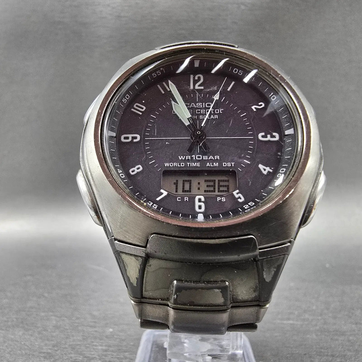Casio WVA-430TJ Watch Men 42mm Blue Dial Silver Alarm Chrono Waveceptor PARTS6