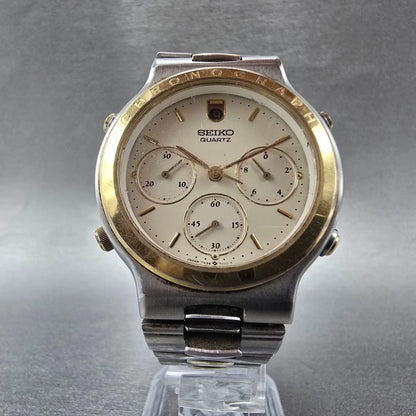 Seiko Chronograph Watch Men 37mm Cream Dial Two Tone Date READ!!!! 7A34-70195