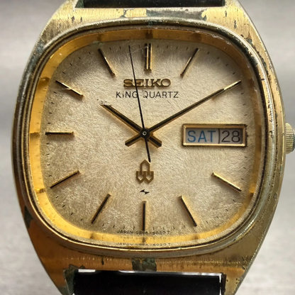 Seiko King Quartz Watch Men 34mm Champagne Dial Gold Daydate 5856-5020 New Batt1