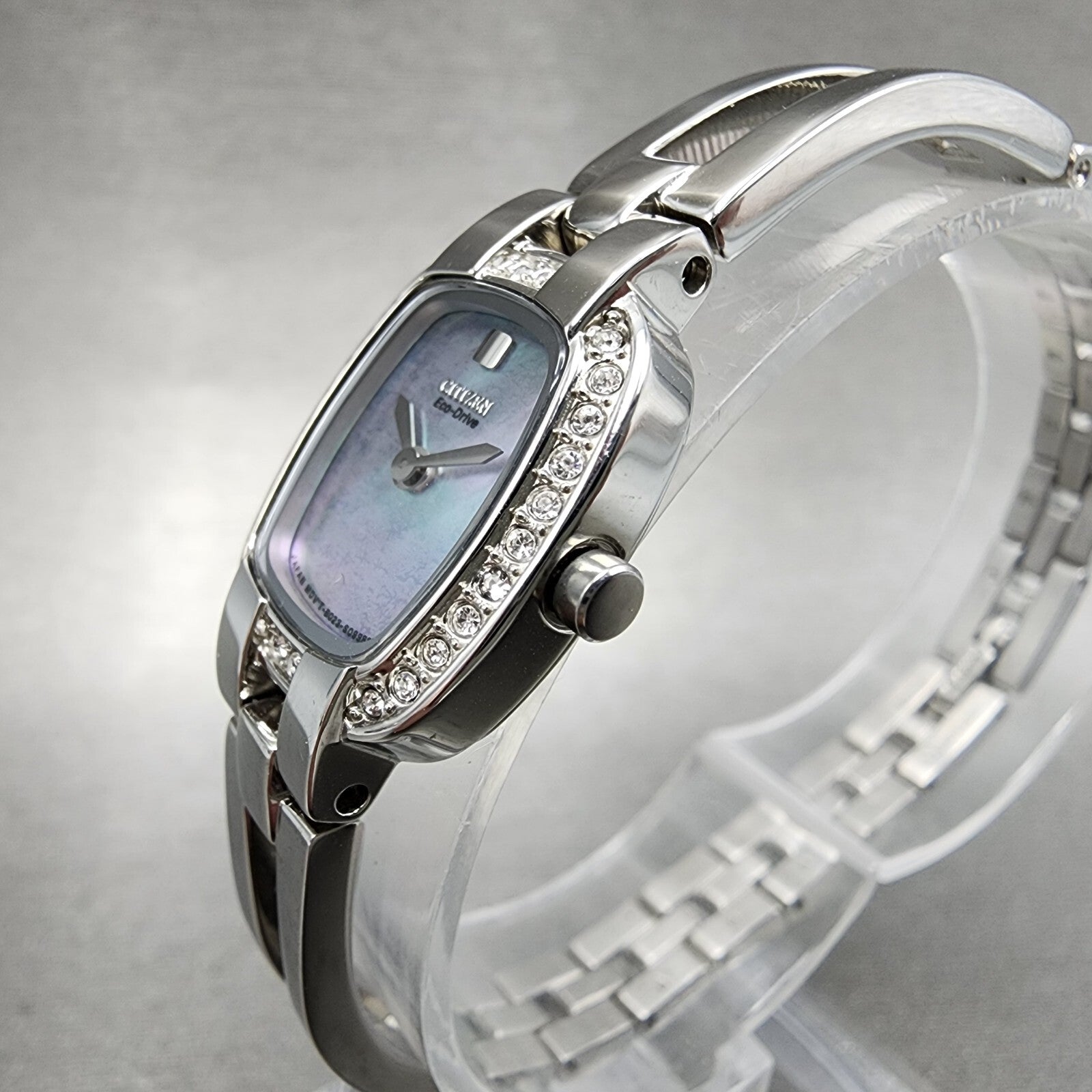 Citizen EcoDrive Watch Women 17mm MOP Dial Steel Rectangle Crystal Works3