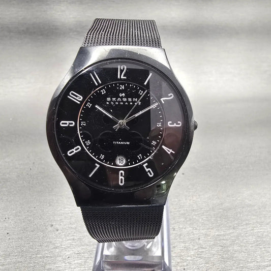 Skagen Denmark Watch Men 37mm Black Dial Titanium Date Round 233XLTMB New Batt0