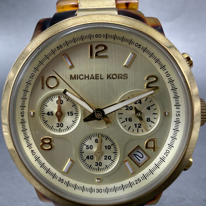Michael Kors Runway Chrono Watch Women 38mm Champagne Dial Gold & Brown New Batt1