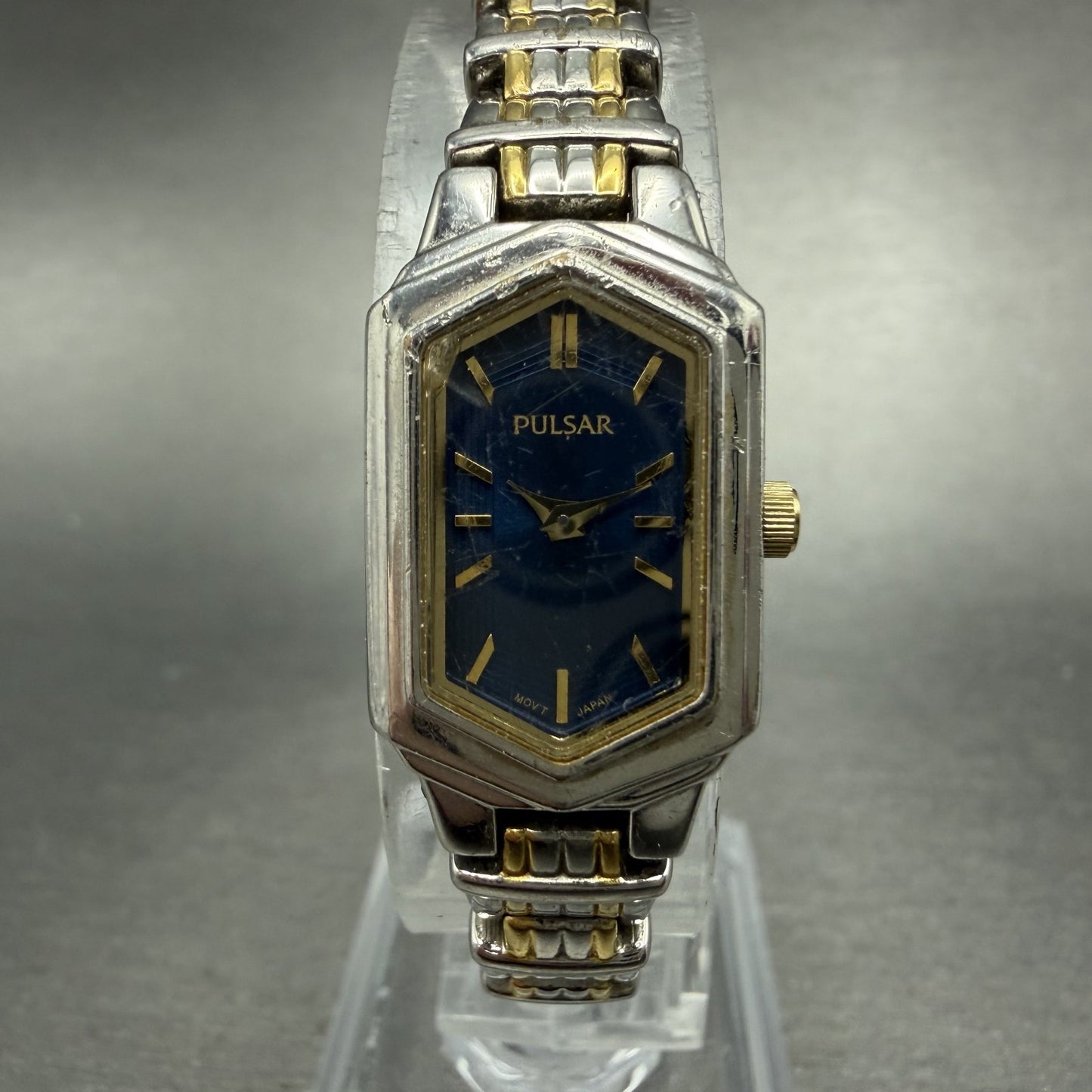 Pulsar Watch Women 15mm Blue Dial Two Tone Hexagon 1N00-X259 New Battery0