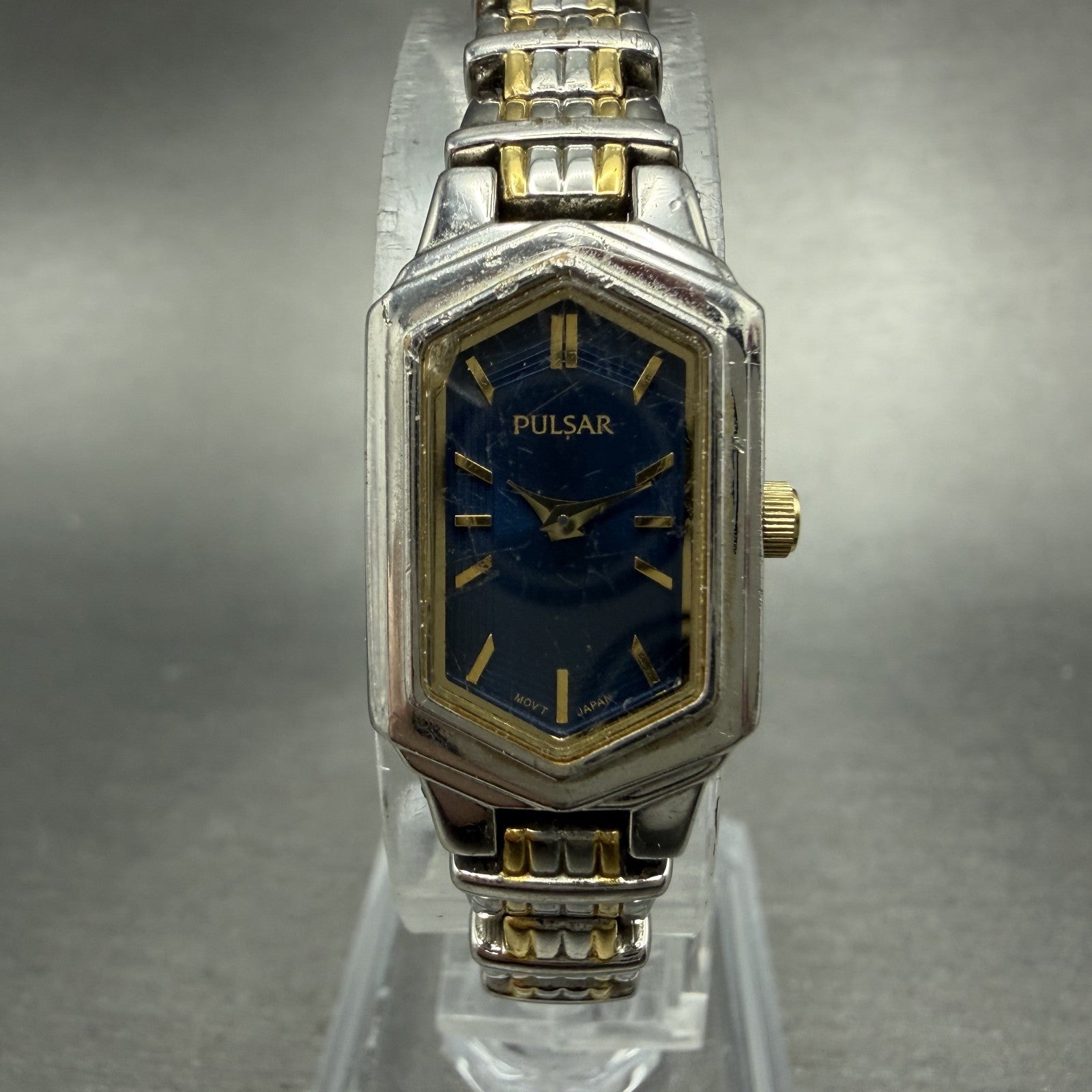 Pulsar Watch Women 15mm Blue Dial Two Tone Hexagon 1N00-X259 New Battery0