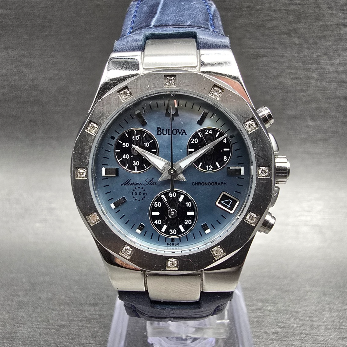 Bulova Marine Star Chronograph Watch Women 30mm MOP Dial Silver 96R30 New Batt0