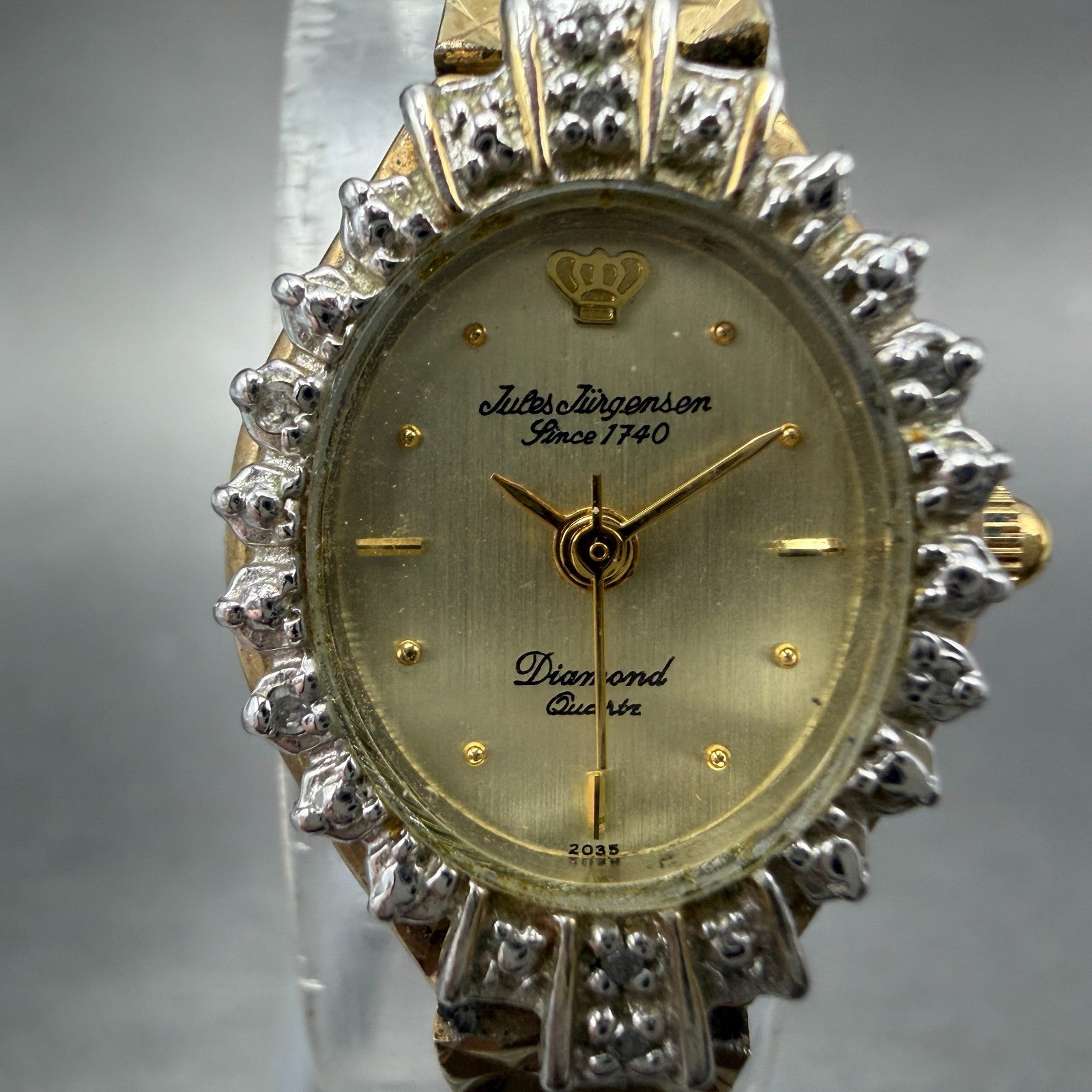 Jules Jurgenson Watch Women 18mm Champagne Dial Gold Tone Gem Stones New Battery1