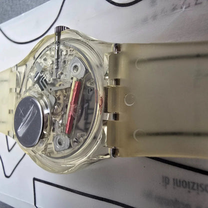 Swatch Scribble Watch Men 34mm Skeleton Dial Clear Case GZ124 New Battery NOS14