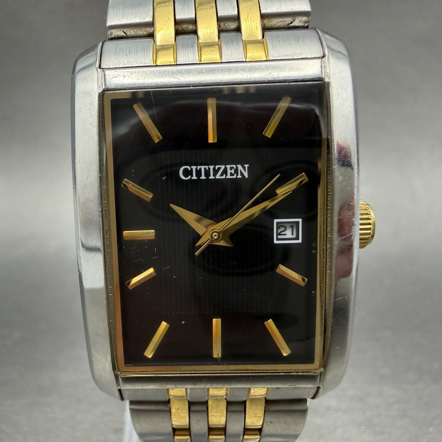 Citizen Tank Watch Men 26mm Black Dial Two Tone Date 1012-S097746 New Vattery0