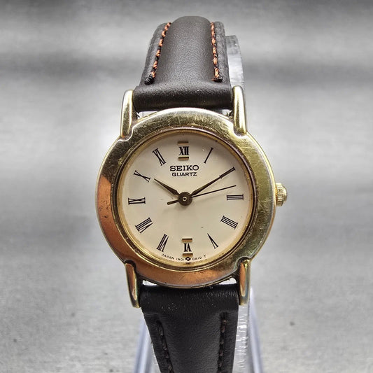 Seiko Watch Women 22mm Ivory Dial Gold Tone Round 1N01-0A19 New Battery Vintage0