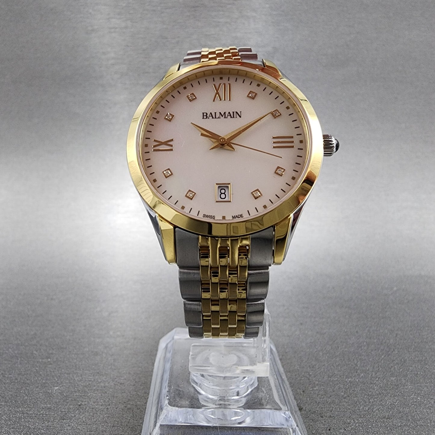 Balmain Classic R Watch Women 34mm MOP Dial Two Tone Date Round Diamond Markers5