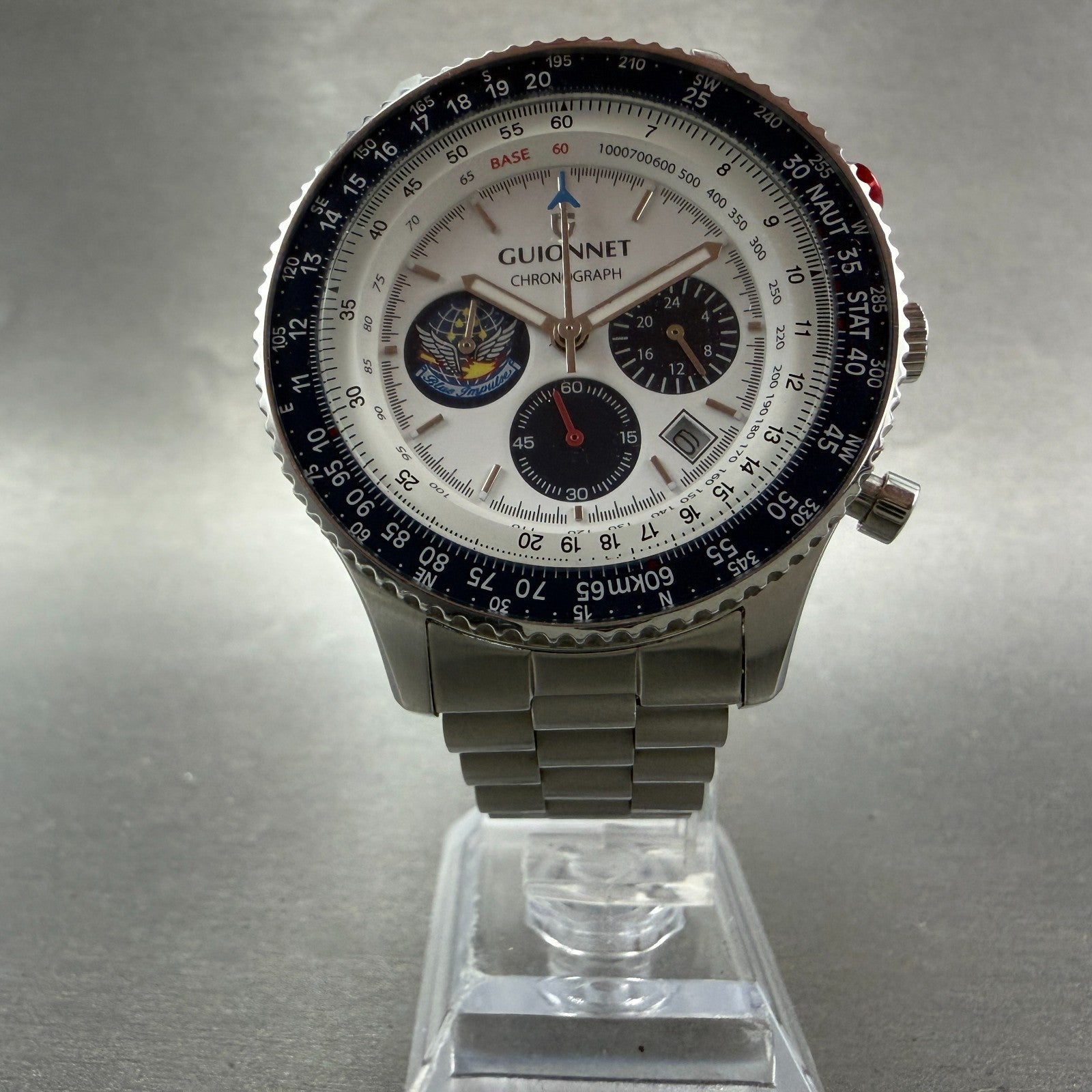 Guionnet Flight Timer Chronograph Watch Men 42mm White Dial Steel Date New Batt5