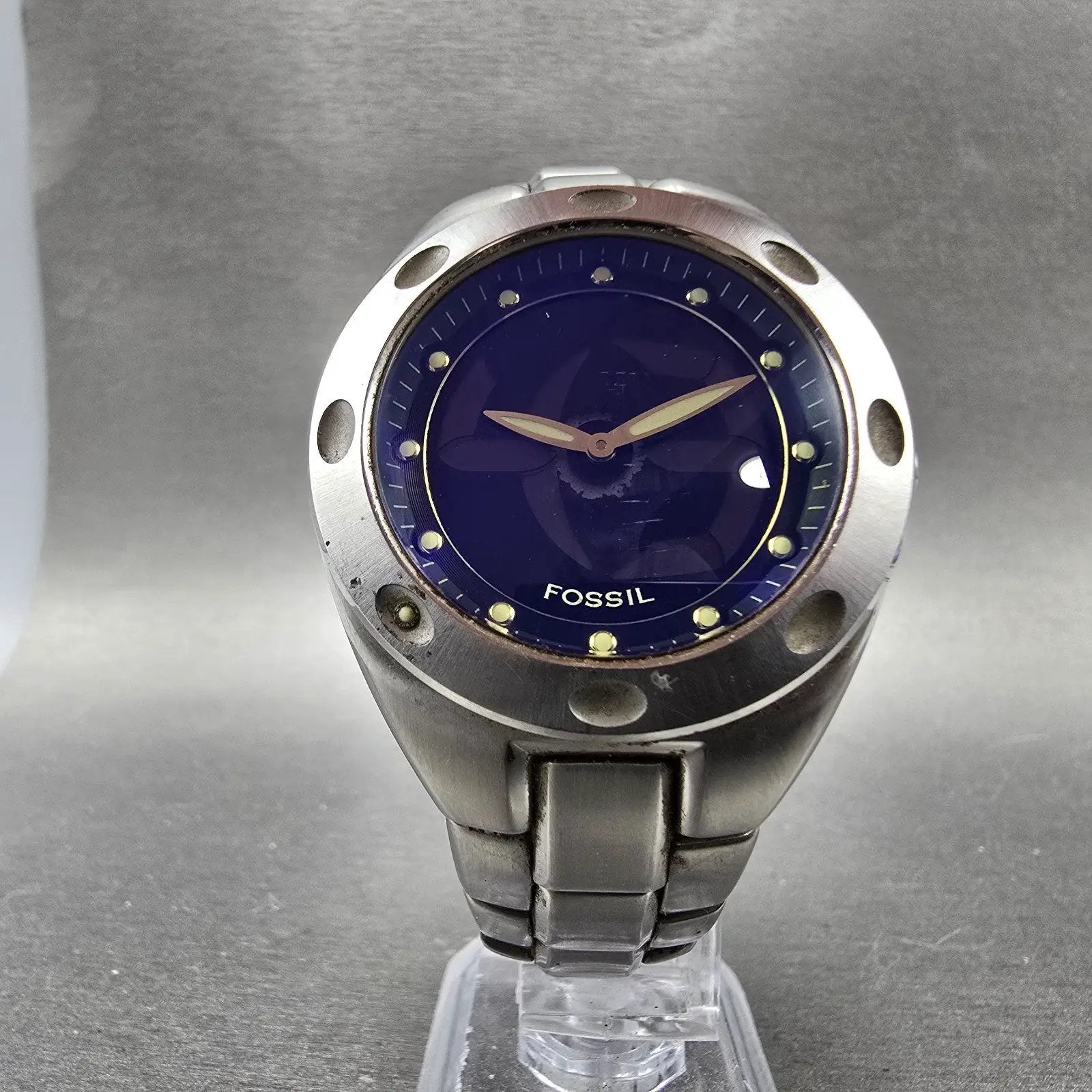 Fossil Big Tic Watch Men 40mm Blue Dial Silver Tone READ!!!! AM-3432 New Battery5