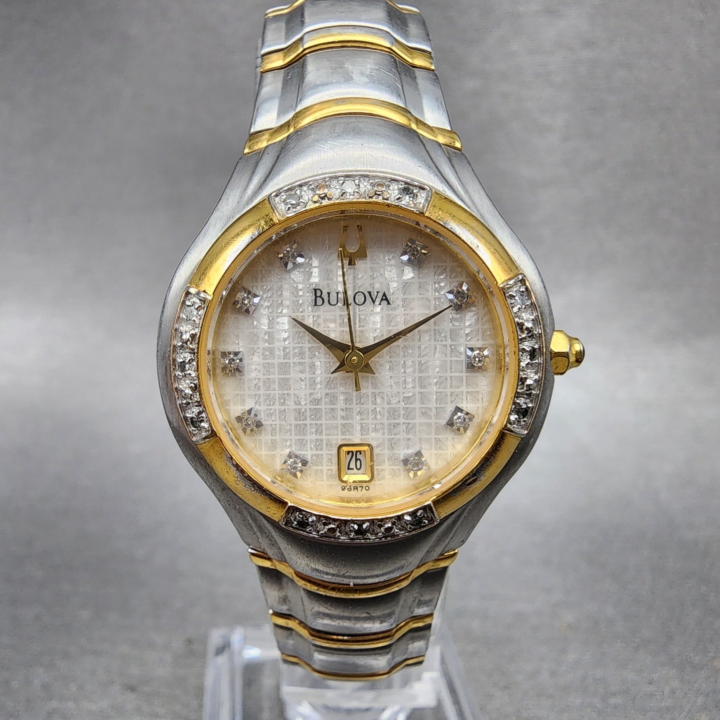 Bulova Watch Women 26mm White Dial Two Tone Date Round Diamond 98R70 New Battery0