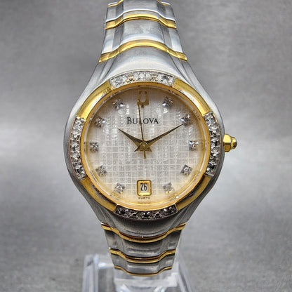 Bulova Watch Women 26mm White Dial Two Tone Date Round Diamond 98R70 New Battery0