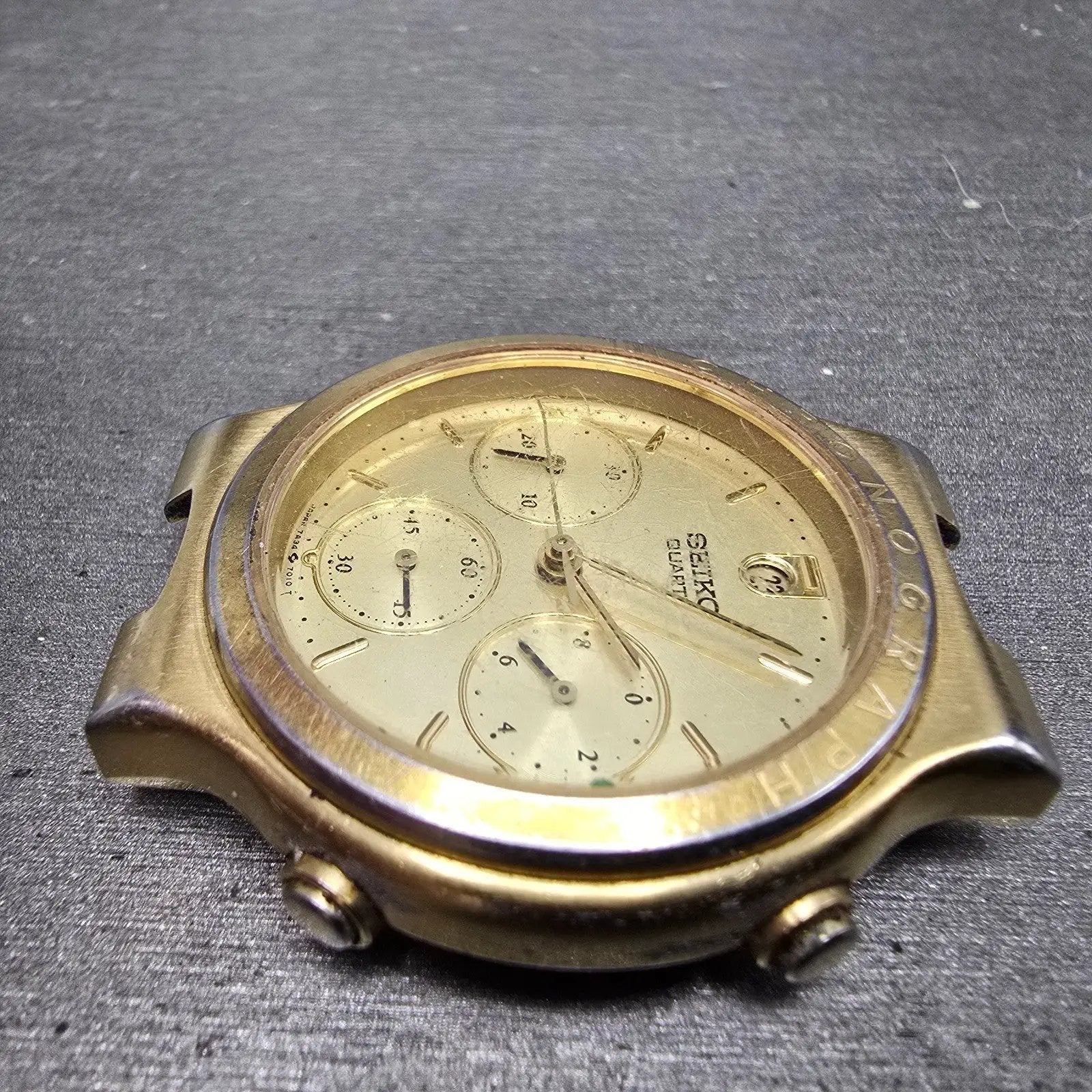 Seiko Chronograph Watch Men 37mm Gold Dial Gold Tone Date 7A34-7019 PARTS6