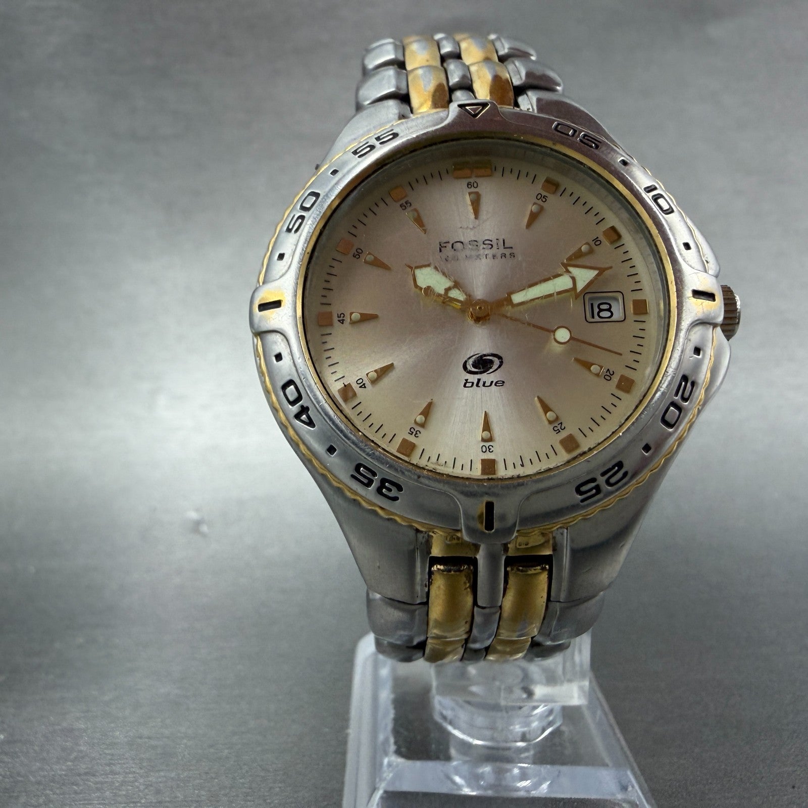 Fossil Dive Watch Men 40mm Champagne Dial Two Tone Date Round AM-3639 New Batt5