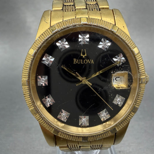 Bulova Watch Men 35mm Black Dial Gold Tone Date Round 97F44 New Battery Diamond0