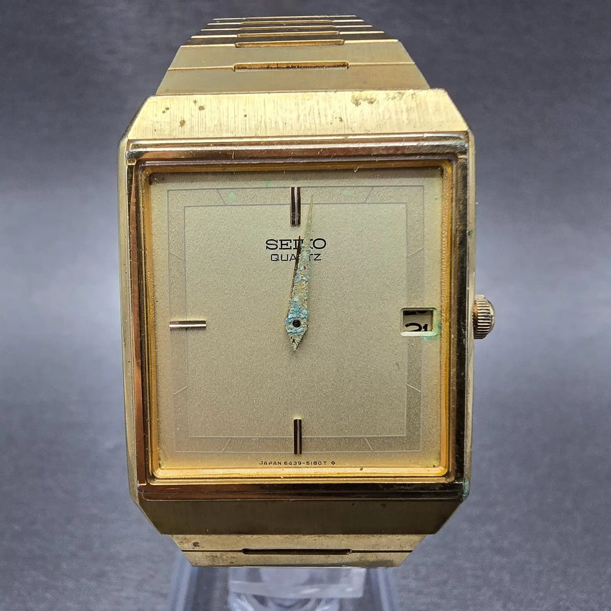 Seiko Tank Watch Men 27mm Gold Dial Gold Date 6439 Movement 5089 VTG PARTS0