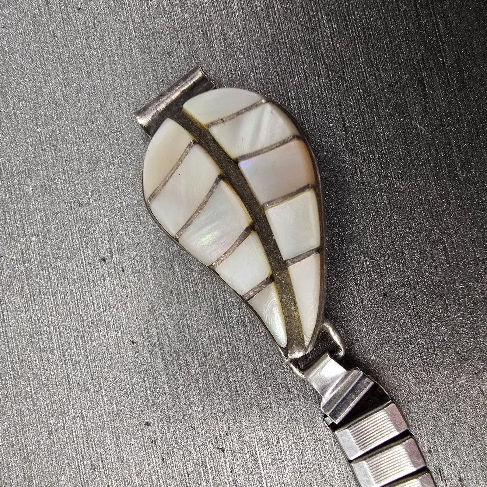 Navajo Sterling Silver Watch Band Tips 9mm Mother Of Pearl Leaf Design Vintage6