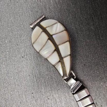 Navajo Sterling Silver Watch Band Tips 9mm Mother Of Pearl Leaf Design Vintage6