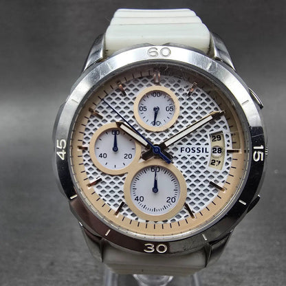 Fossil Chronograph Watch Women 39mm White Dial Silver Tone Date ES4024 New Batt0
