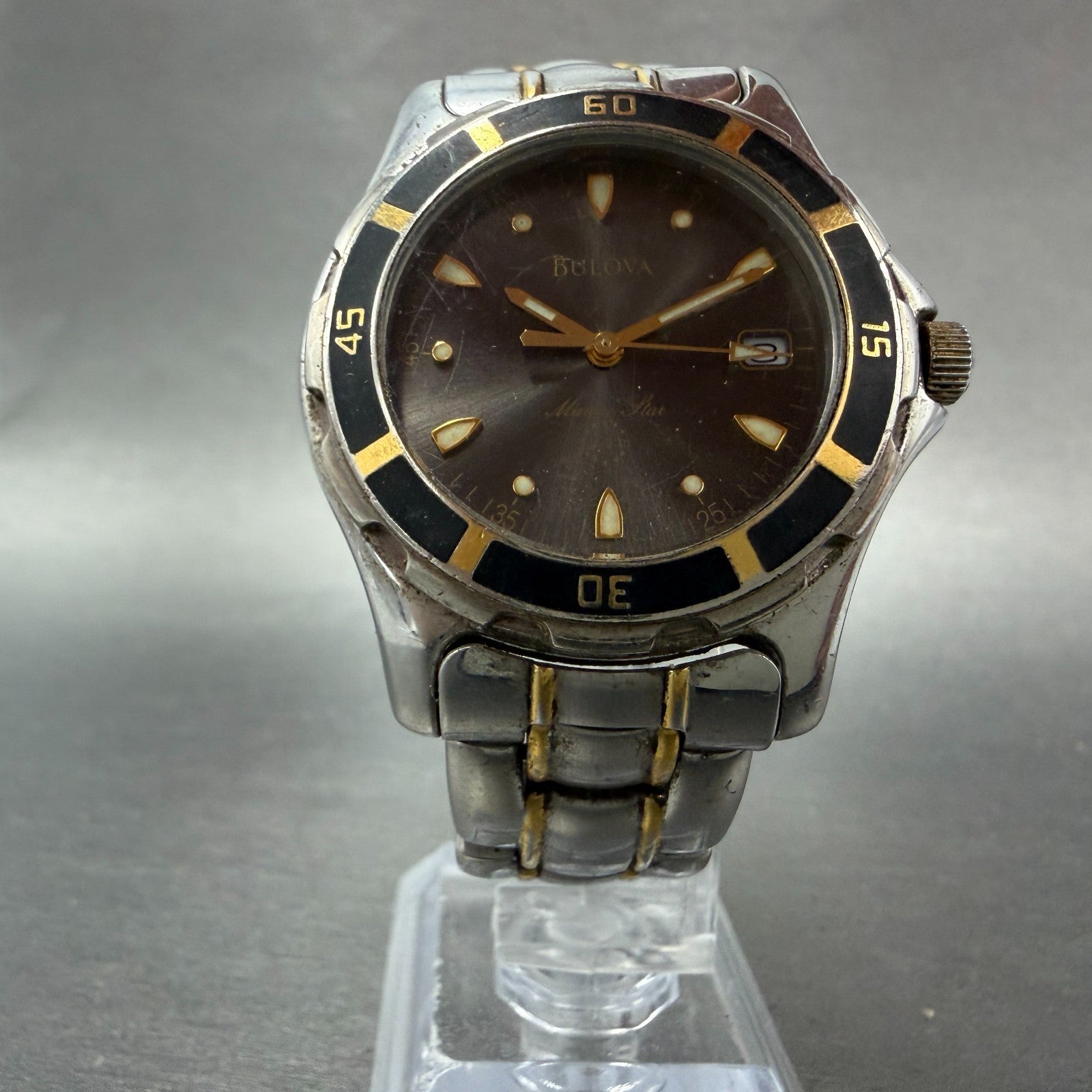 Bulova Marine Star Watch Men 37mm Black Dial Two Tone Date 98G05 New Battery5