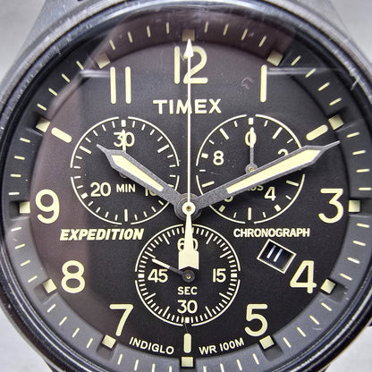 Timex Expedition Field Chronograph Watch Men 43mm Black Dial Black Tone New BatR1
