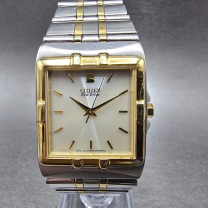 Citizen Eco-Drive Tank Watch Men 28mm White Dial Two Tone Rectangle E030 Works0
