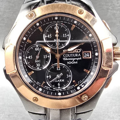 Seiko Coutura Watch Men 40mm Black Dial Two Tone Chrono Date 7T62-0FA0 New Batt1