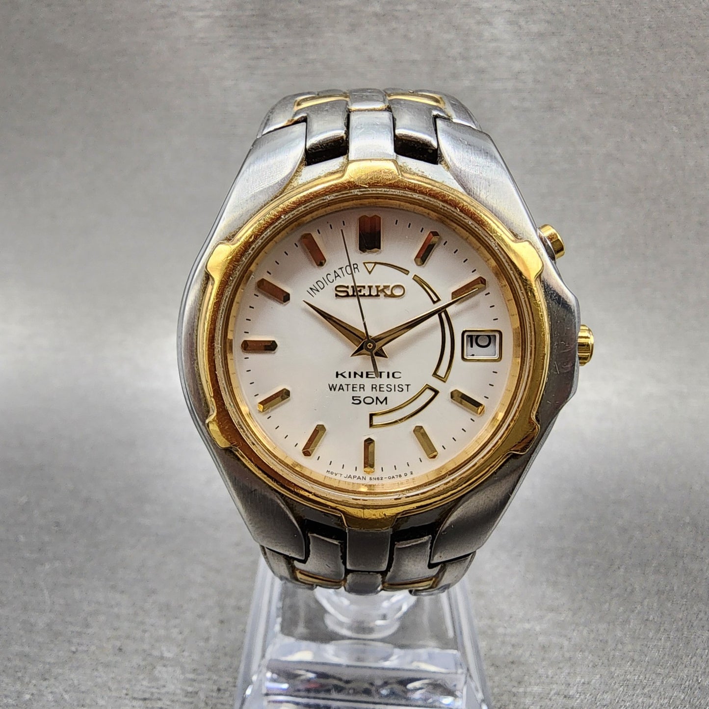 Seiko Kinetic Watch Men 37mm White Dial Two Tone Date 5m620a89 New Cap2