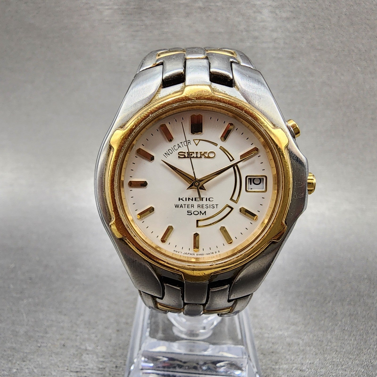 Seiko Kinetic Watch Men 37mm White Dial Two Tone Date 5m620a89 New Cap2