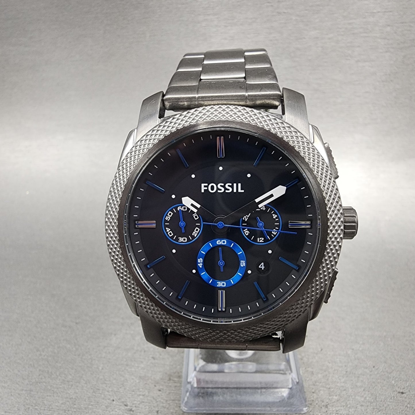 Fossil Machine Chronograph Watch Men 45mm Black Dial Gray Tone Date New Battery0