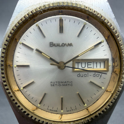 Bulova Set-O-Matic Watch Men 35mm Silver Dial Two Tone Daydate Automatic Runs1