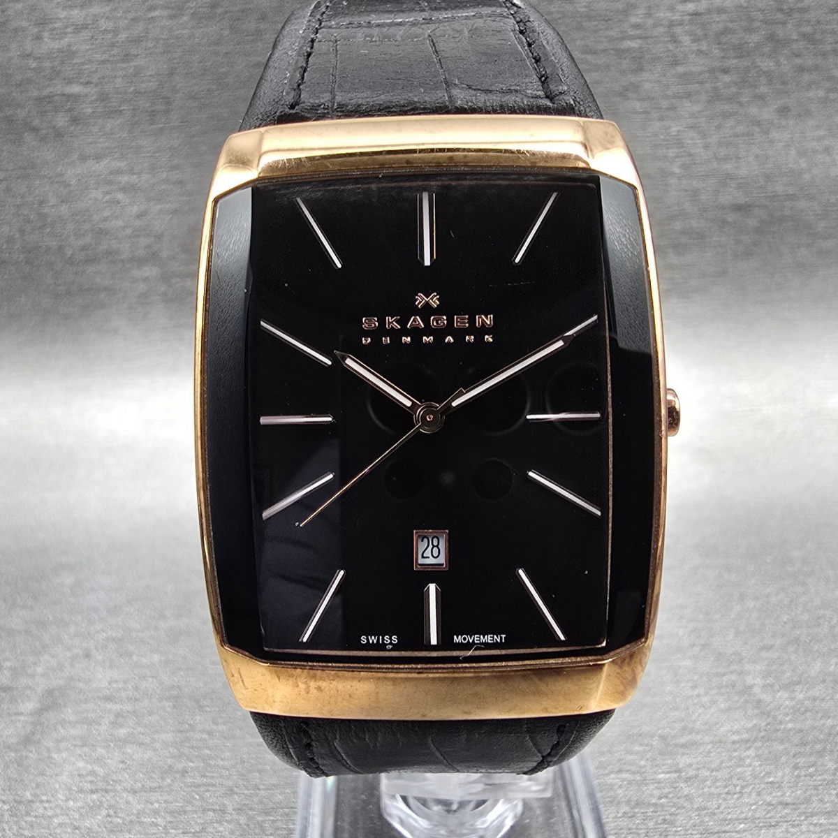 Skagen Watch Men 33mm Black Dial Rose Gold Date Rectangle 984LRLB New Battery0