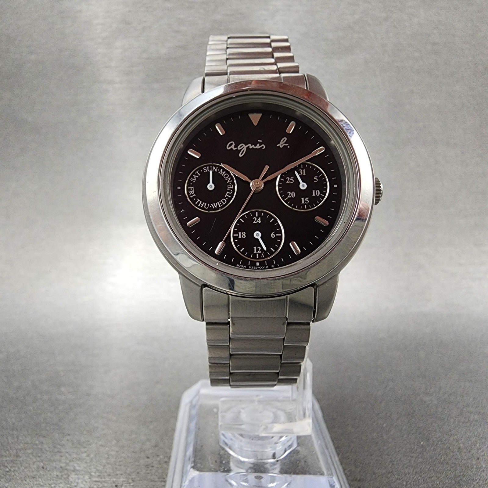 Seiko Agnes B Watch Women 33mm Black Dial Steel Daydate Round V33J0010 New Batt5