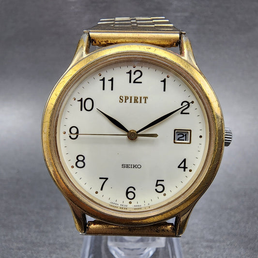 Seiko Spirit Watch Men 33mm White Dial Gold Tone Date Round 5E32-6A3A New Batt