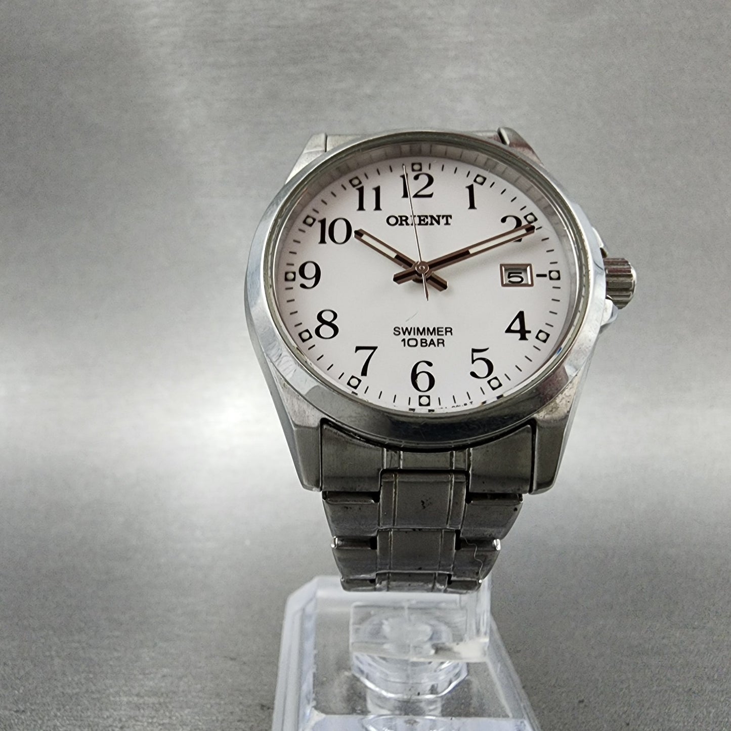 Orient Swimmer Watch Men 36mm White Dial Silver Tone Date Round New Battery ABC5