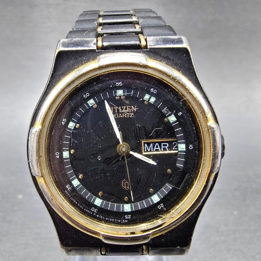 Citizen CQ Watch Men Black Dial Black & Gold Tone Daydate 6101-S04611 PARTS0